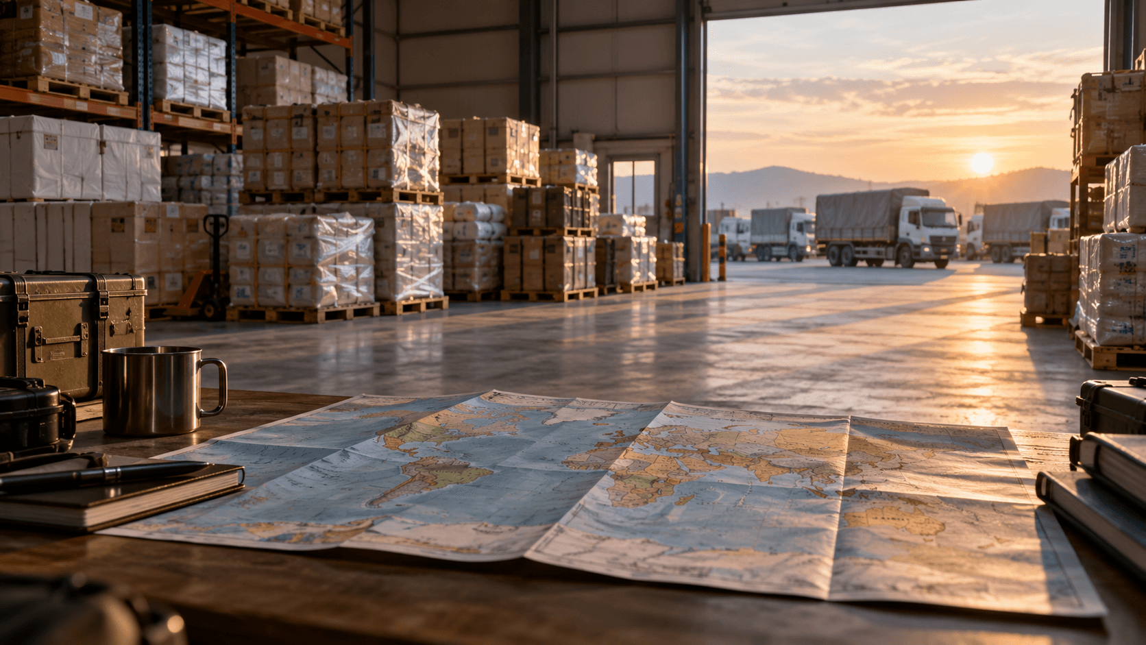 AI-generated illustration: Humanitarian logistics warehouse with aid crates, trucks and an atlas at dawn.