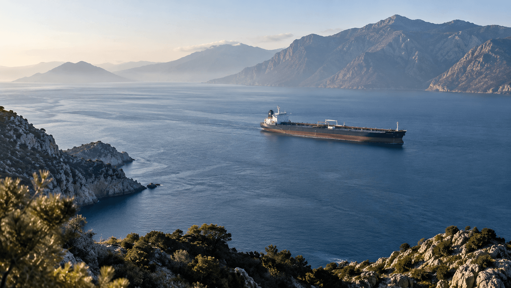AI-generated illustration: An unbranded oil tanker in a broad maritime strait below rocky mountains.