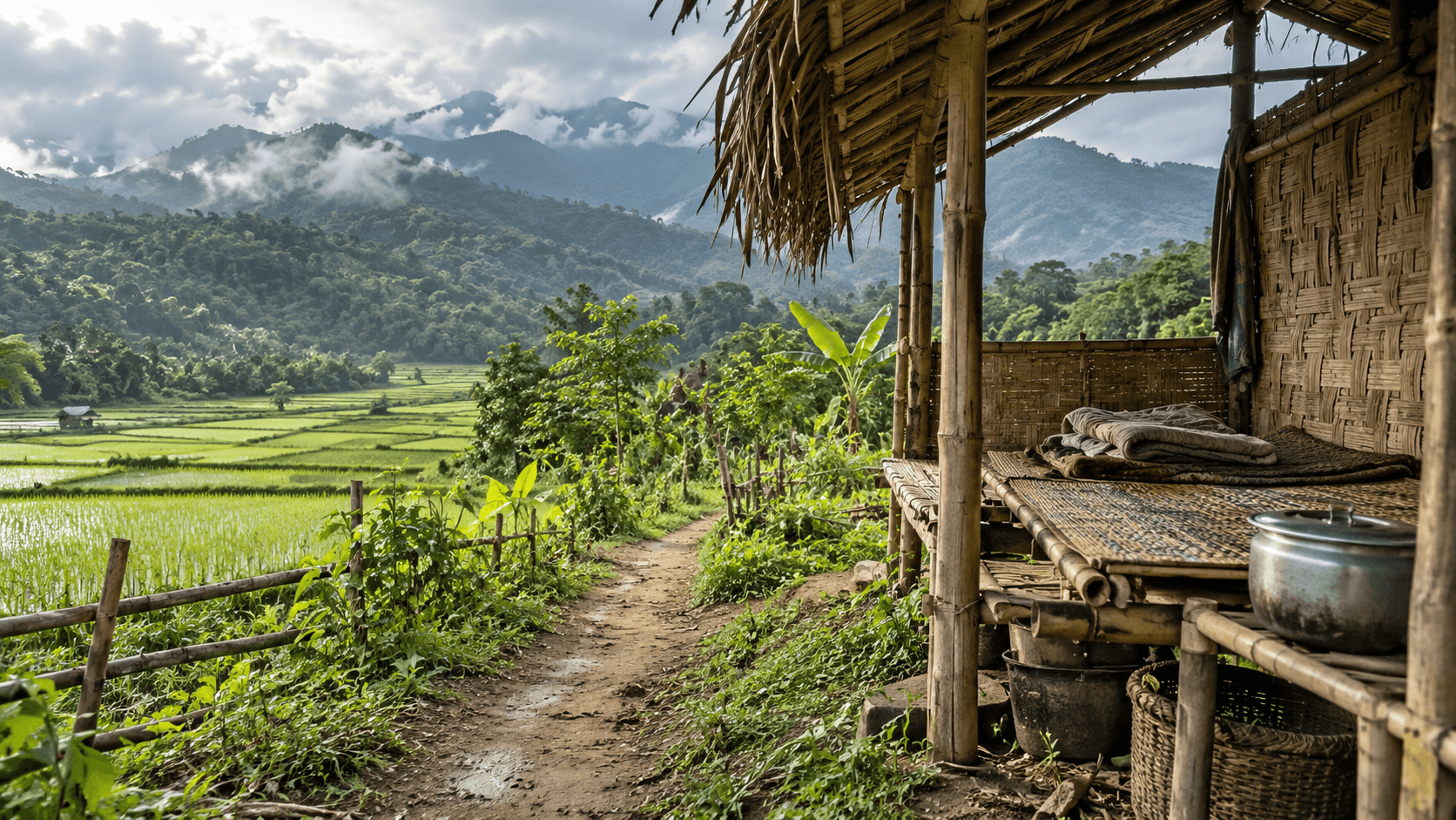 AI-generated illustration: A bamboo shelter and sleeping mats beside rice fields and green hills.