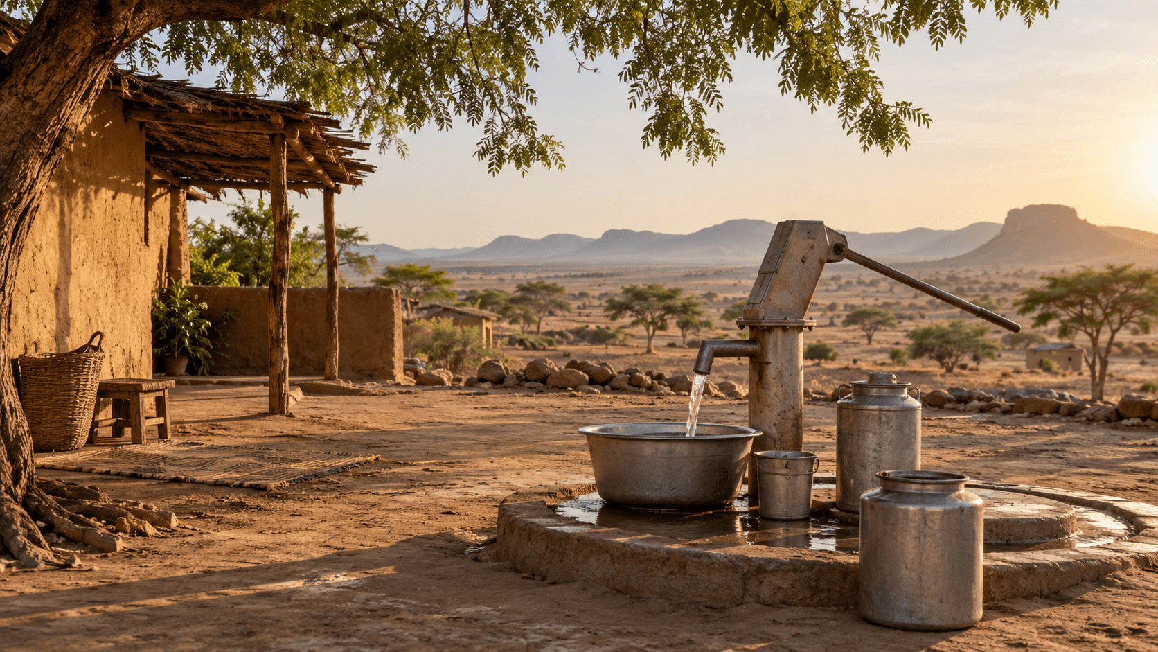 AI-generated illustration: A water pump and metal containers beside an earthen village courtyard.