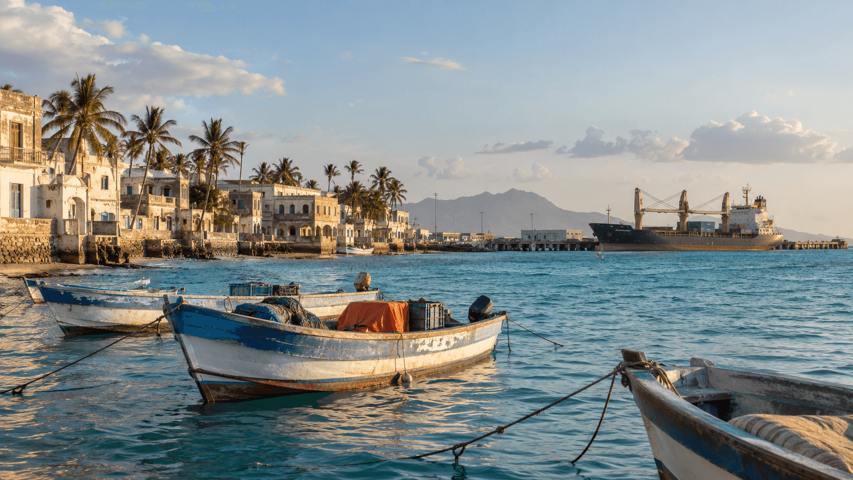 AI-generated illustration: Civilian fishing boats and a cargo vessel in an imagined coastal harbor.