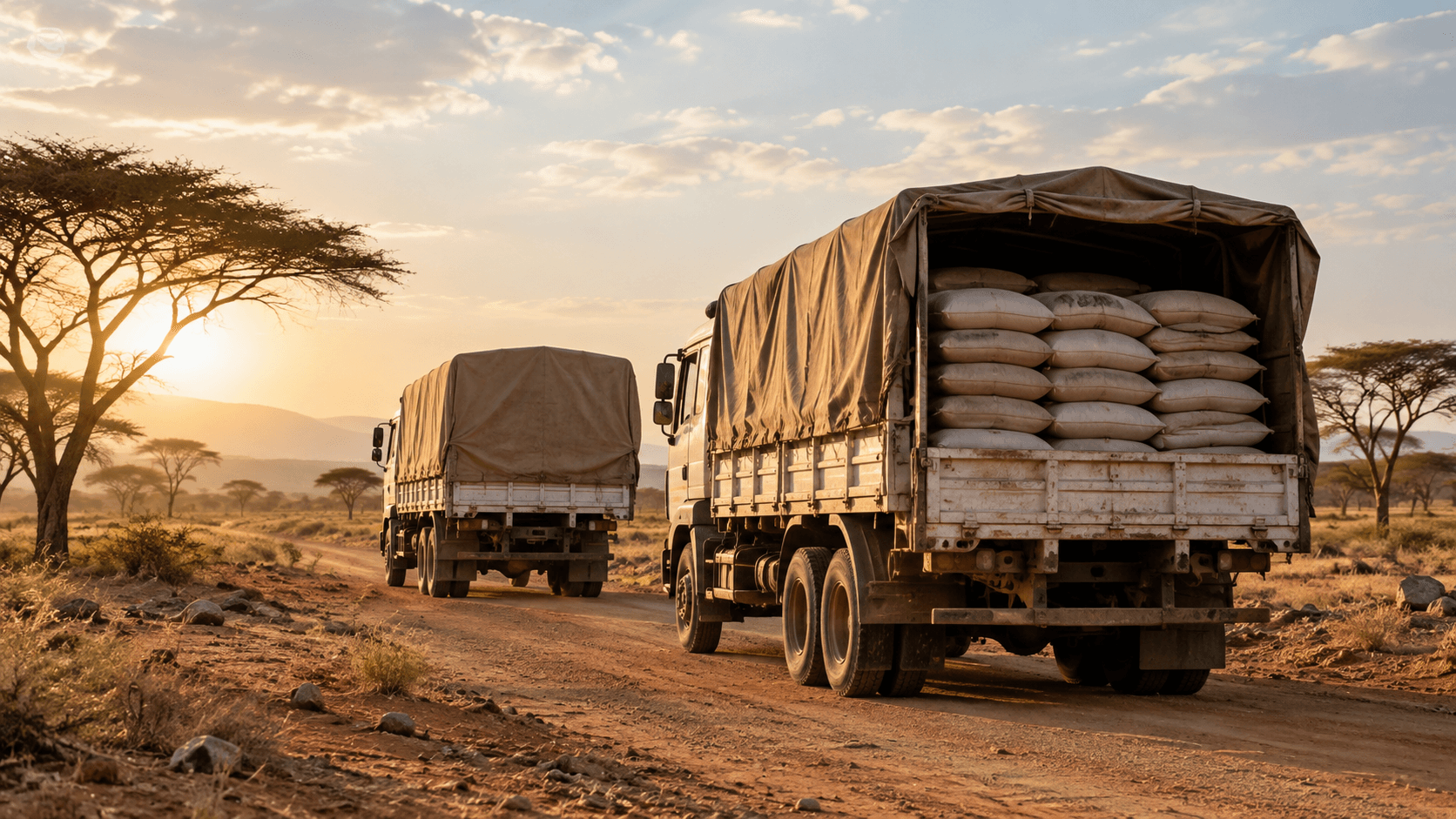AI-generated illustration: Unbranded civilian supply trucks carrying sacks of grain in an acacia landscape.