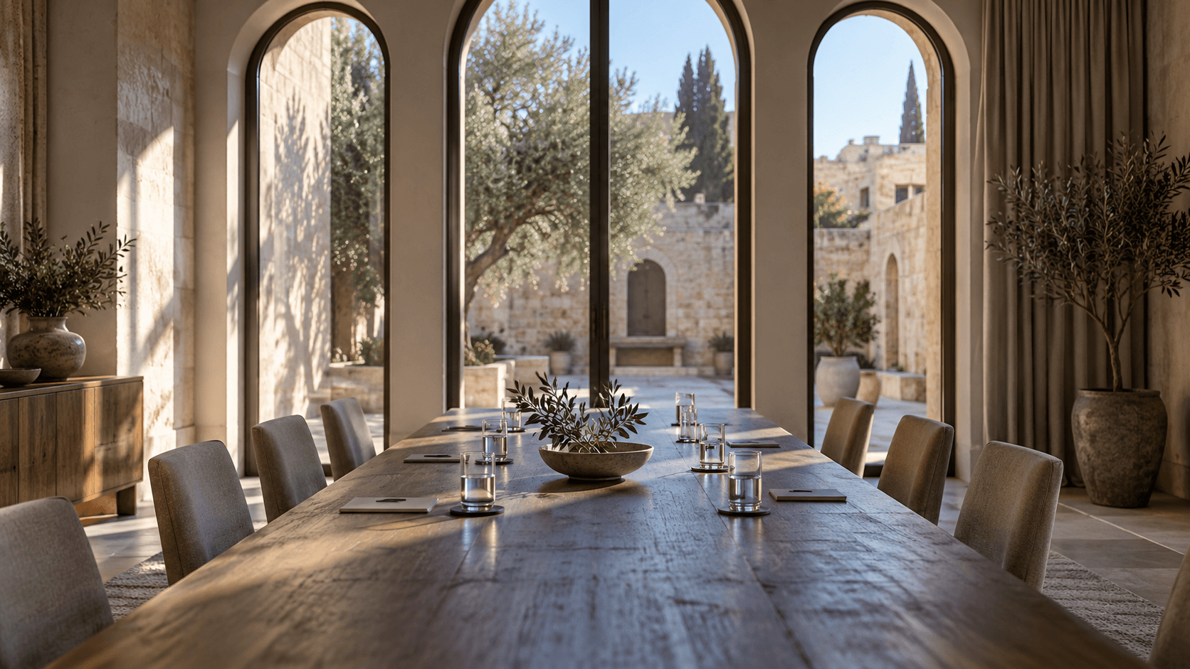 AI-generated illustration: An empty diplomatic meeting room overlooking a stone courtyard.
