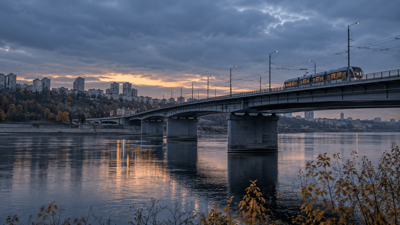 AI-generated illustration: An imagined eastern European river bridge and tram at dusk.