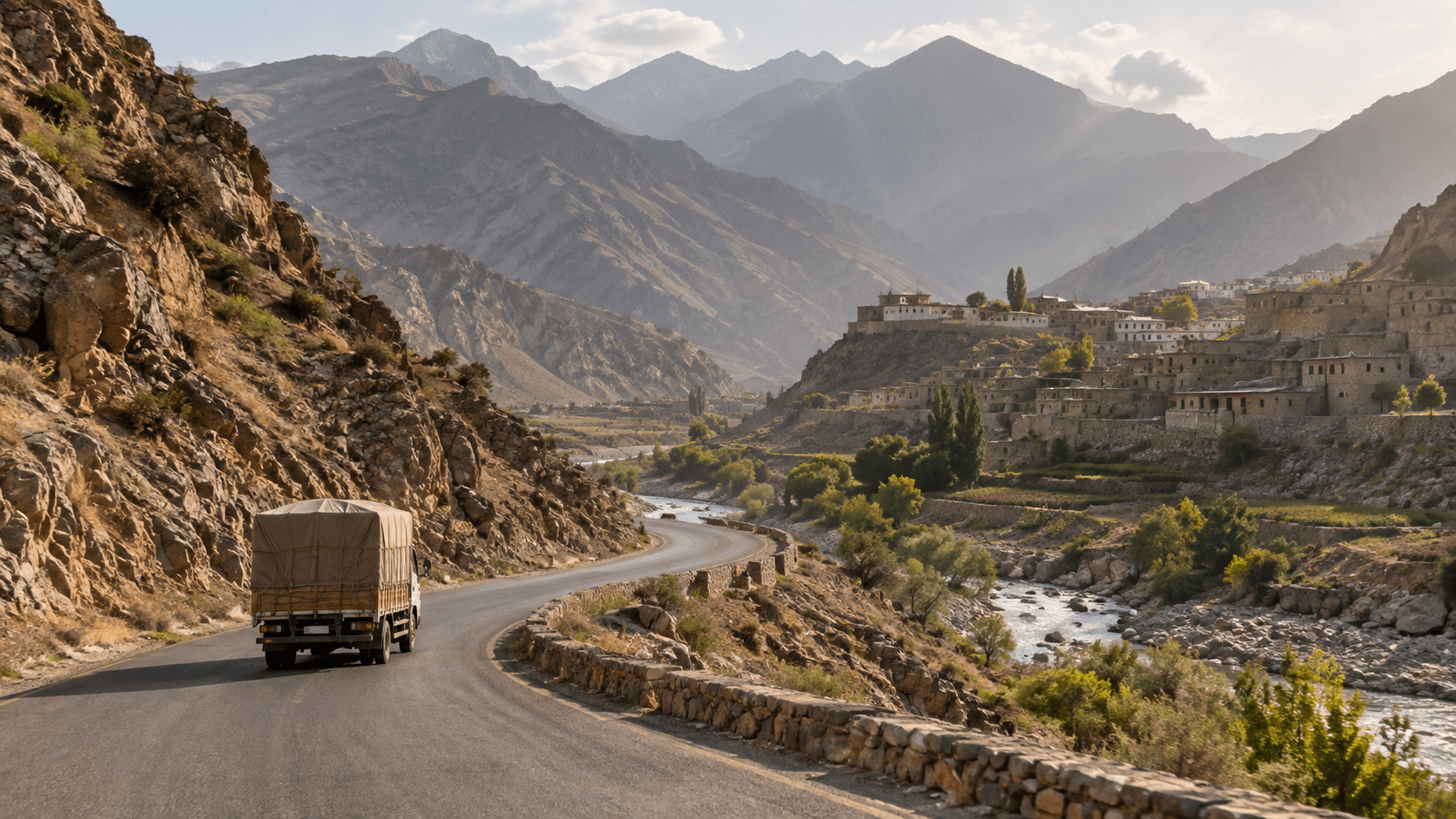 AI-generated illustration: A civilian freight truck on a winding road through an arid highland valley.