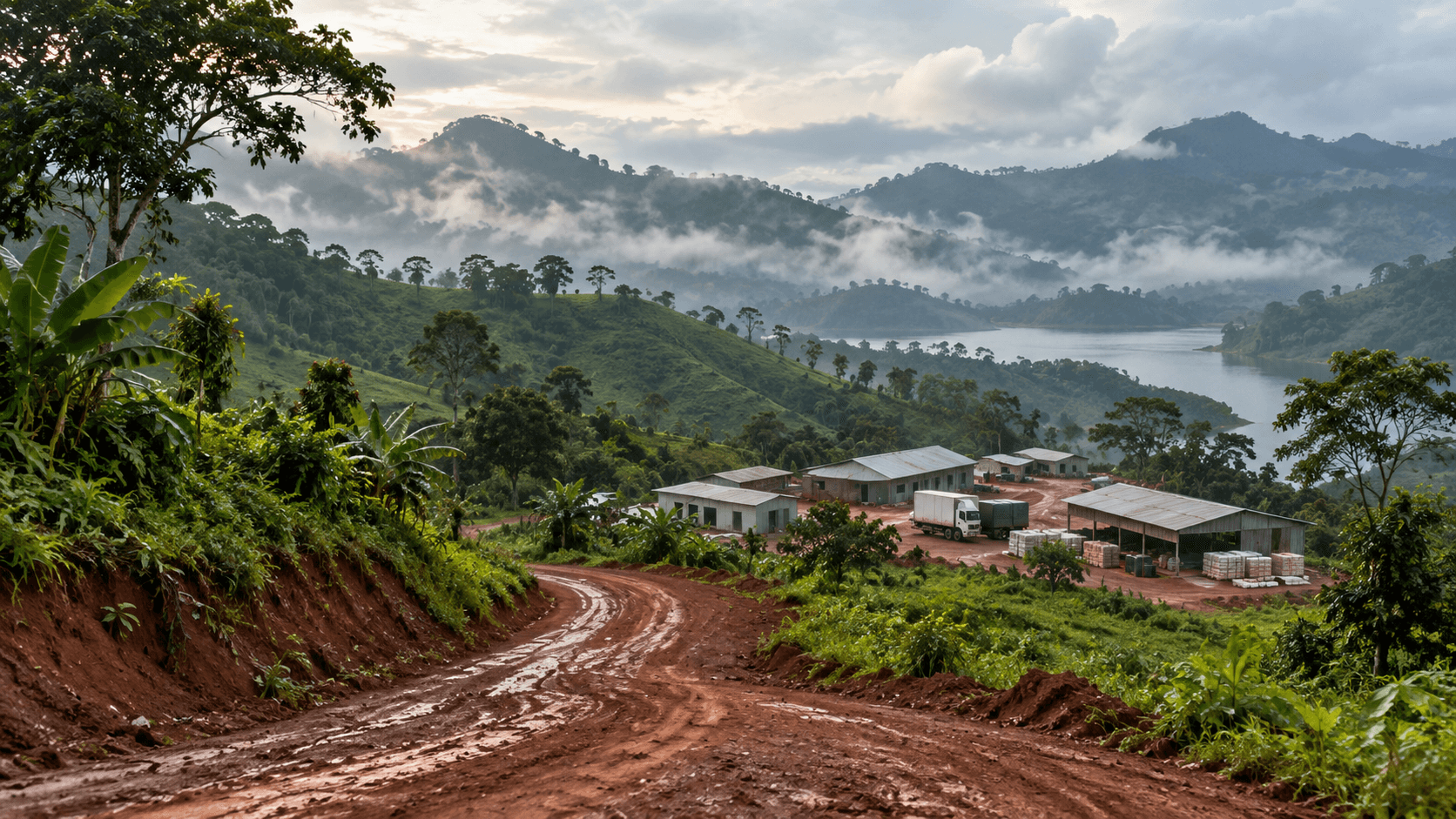 AI-generated illustration: An imagined civilian supply depot beside a muddy road in green central African hills.