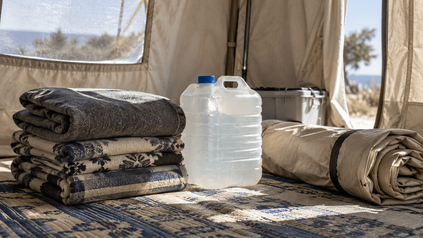 AI-generated illustration: Folded blankets, a water container and canvas inside a temporary shelter.